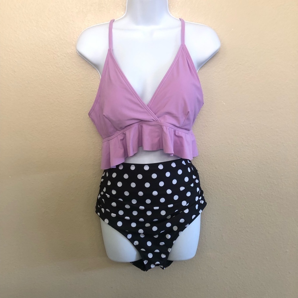 Temp Me Retro. Flounce Raffle Top High Waist Polka Dots Bikini Swim Set Size L